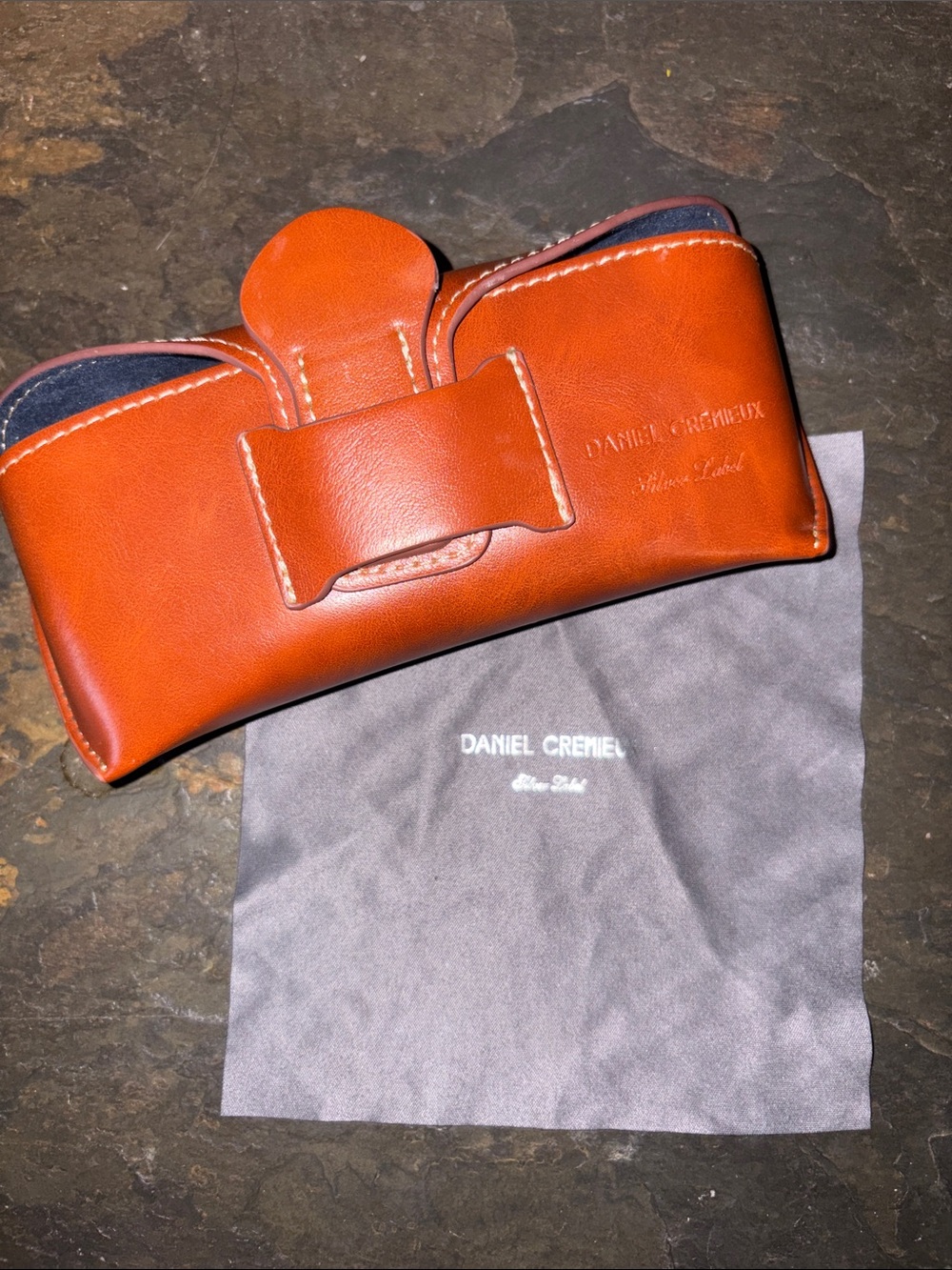 Daniel Cremieux Orange-Brown Leather Sunglass Pouch & glass cloth